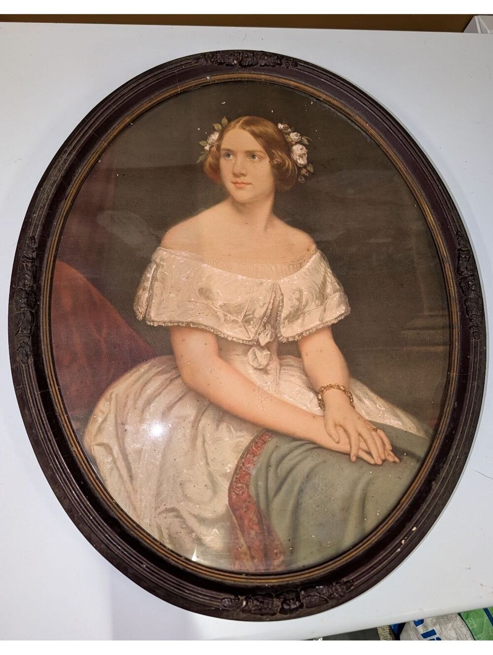 Antique Oval Framed Portrait of a Woman in Victorian Dress